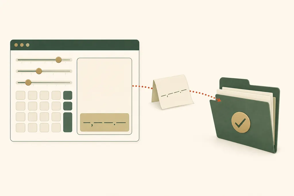 Illustration of a calculator result slip travelling into a firm's folder