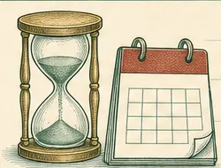 Illustrated hourglass beside a December calendar page